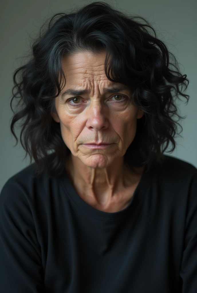 middle aged female patient, black curly hair, ((wrinkles on face)), perfect symmetrical eyes, black pupils, looks miserable due to overuse of medicine, black blouse, black jogging pants, tired emotion, focus on face and torso, transparent background