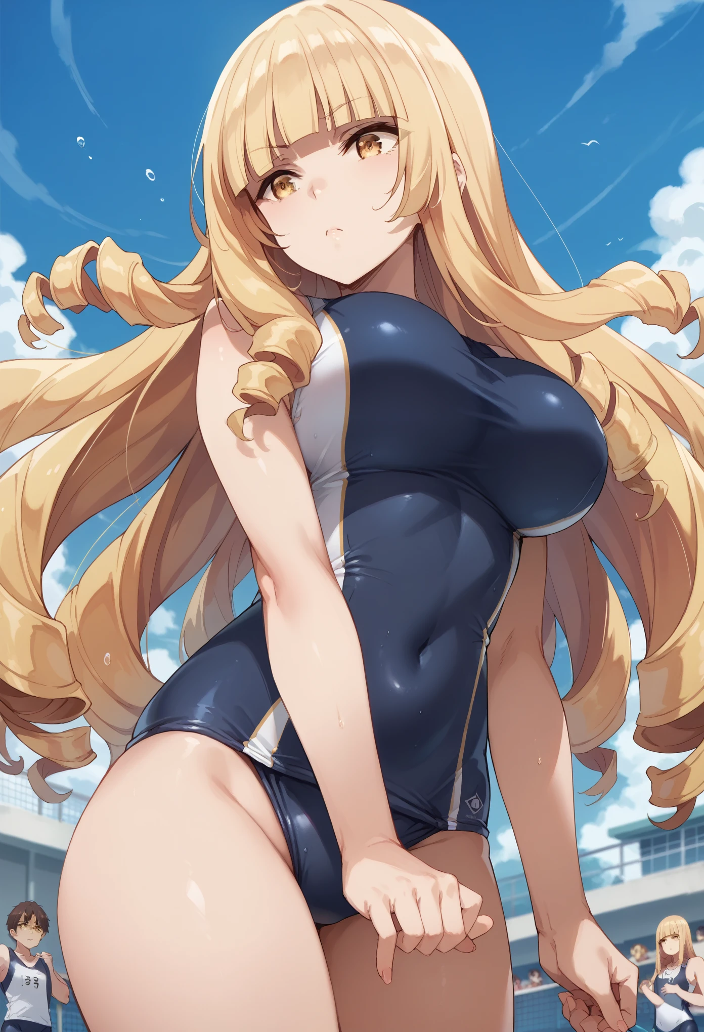 best quality, oriana rose, long hair, blonde hair, yellow eyes, drill hair, bangs, blunt bangs,school swimsuit,clavage,large breast