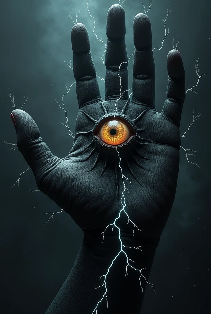 Lovecraftian-style monster that takes the form of a giant, terrifying black hand without a wrist, floating through space, with a large eye in the middle, traversed by electricity
