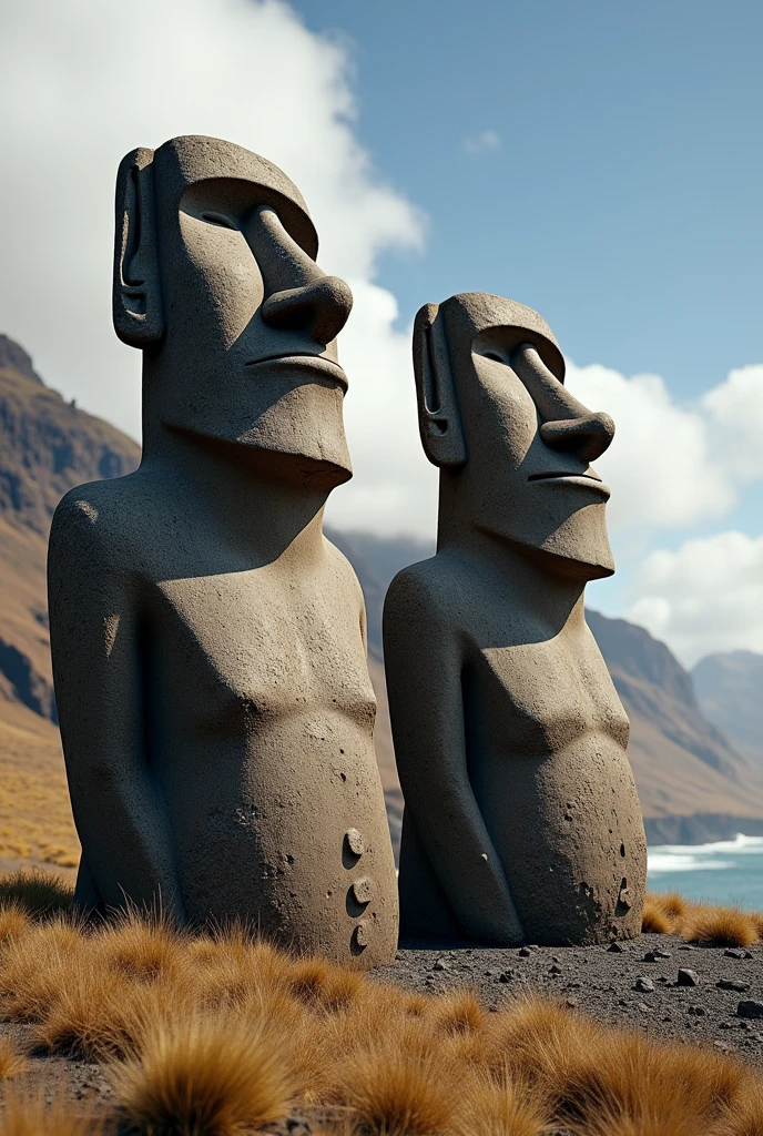 Realistic photo of Moai statues with a face resembling an Egyptian pharaoh