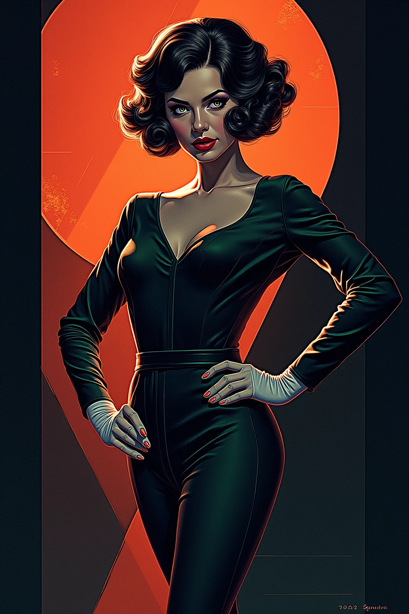 1920's angular woman in green dress cubist dark cinematic portrait geometric art deco painting