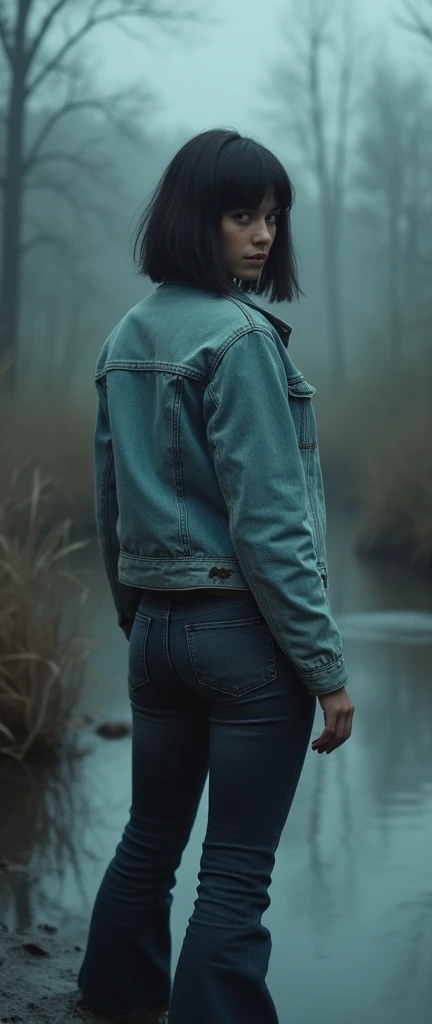 woman, in tight denim jacket, cold weather, information pointer "RITUAL DROWNING PLACE VICTIMS ONLY", flared dark washed faded jeans, stuck in bog, bob-cut, turns around