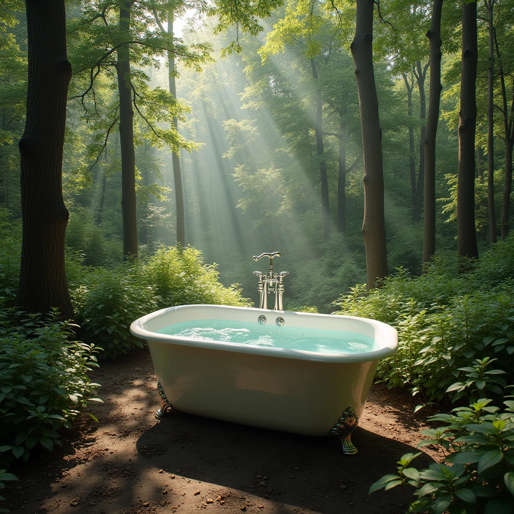 A beautiful bathtub placed in the forest