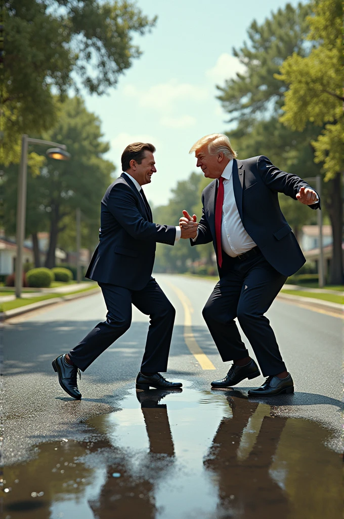 Elon Musk and Donald Trump dancing on road with suits on