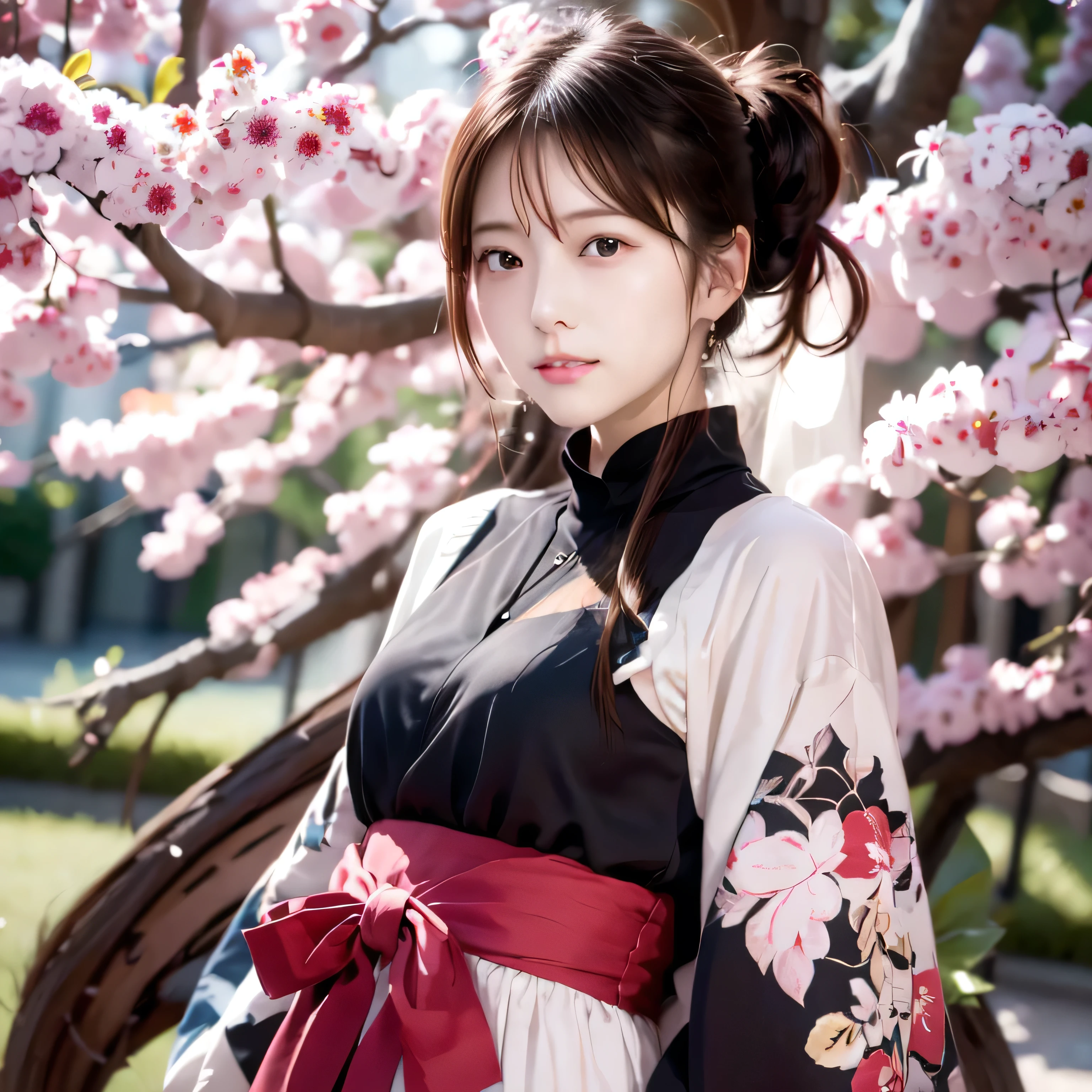 Graduation Ceremony、university student、22 years old、hakama 、Hair tied up、Cherry tree in full bloom、Cherry blossom confetti、Perfect Proportions、cute、((22-year-old female:1.2))、Young and adorable Japanese face，Official Art，Focus on the face、Highly detailed CG Unity 8K wallpapers，（masterpiece:1.0),(Highest quality:1.0), 超High resolution,4K,Very detailed, photo shoot, 8k, Hmph, High resolution, Kodak Portrait 400, Film Grain, Lens Flare Glow,高いest quality,8k,Hmph:1.2),8k、Show Viewer