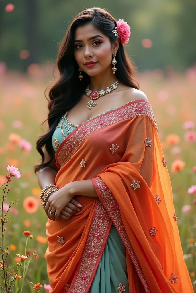 portrait,(NSFW 0.75) boy,woman, ((princess pose)) ,very very big breast, soft nylon sexy saree , orange , pink ,teal,red, yellow colour ,flower design modern light wedding saree, colorful, flower armor, good anatomy, best quality, (((masterpiece))), high quality, realist, best detailed, details, realist skin, skin detailed, underboobs, beautiful posing under a fairy tale of exotic magic,lehenga choli, girl immersed in water , soaked saree, meadows background , bokeh effect , chubby , nipple slip , put milk in breast,off shoulder, strapless blouse, different saree wearing style,(multi chain jewellery blouse),(wearing jewellery on blouse)(buttocks and looking back)