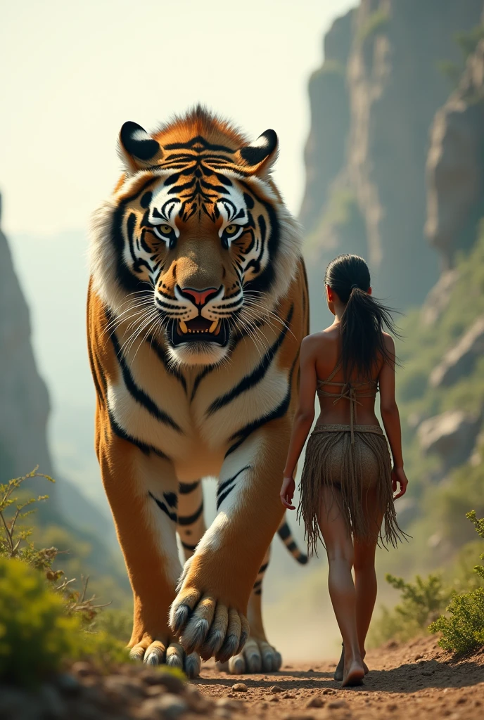 A giant wild saber-toothed tiger and a beautiful primitive girl both walk away from the camera. (Highlight: 1.5) (Photorealistic: 1.1) (Bokeh) (Best Quality) (Skin, Pores, Detailed Hair Texture: 1.1) (Hard) (8k) (HDR) (Wallpaper) (Cinematic Lighting) (Sharp Focus)