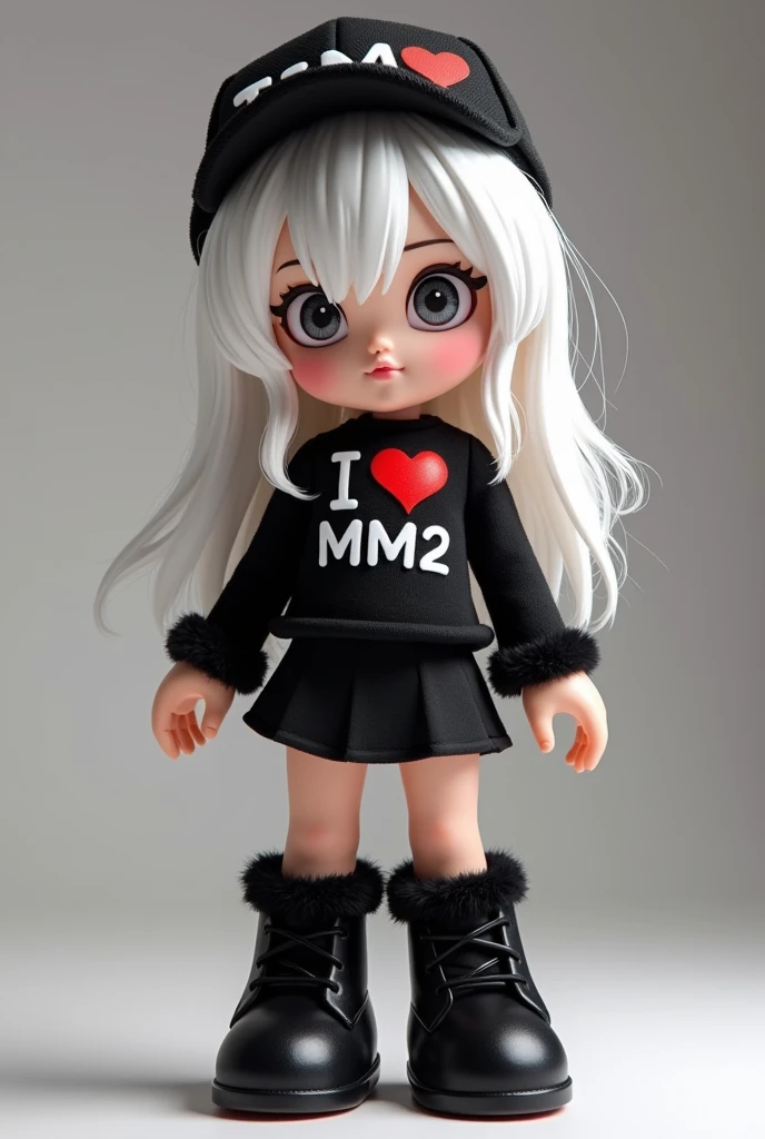 UMA BONECA DE ROBLOX, COM CABELO BRANCO UM GORRO ATRAS QUE COBRE TODA A PARTE DE TRAS DO CABELO E DE CIMA, UMA BOCA EM FORMATO DE P, UMA CAMISA PRETA ESCRITA "I ❤️ MM2" E UM SHORT PEQUENO PRETO COM MEIA GRANDE PRETA