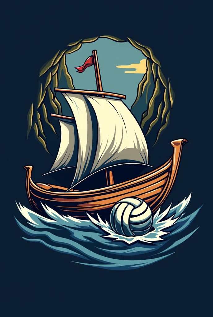 A logo for a volleyball team based on a Frigate (rowboat) and with a volleyball coming out of the canyon written Volei Fragata in Portuguese