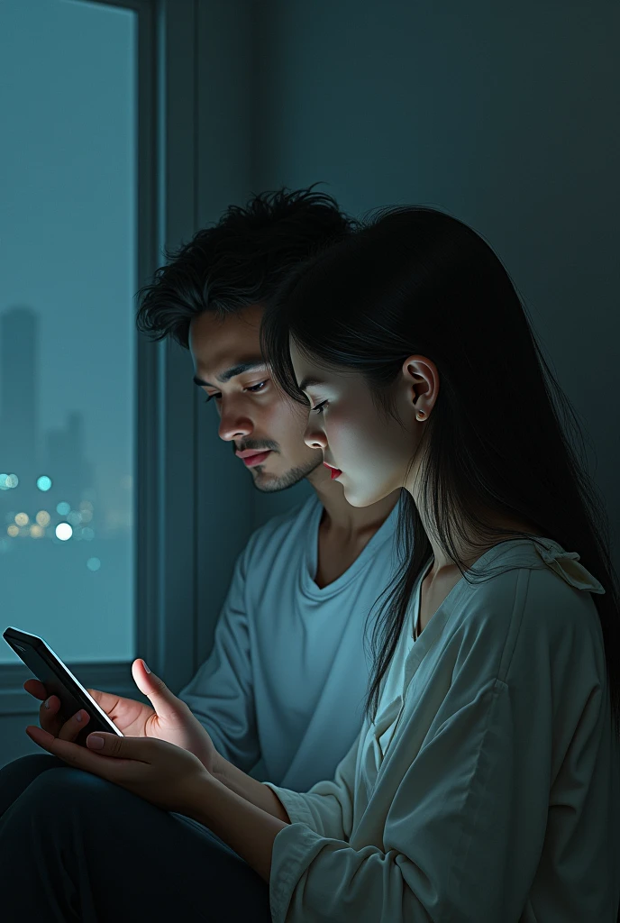 A 2 beautiful pakistani girl in suit salwar with black long and straight hair doing something on her laptop in her room alone happily while behind her at the little window a man 's shadow is present at night