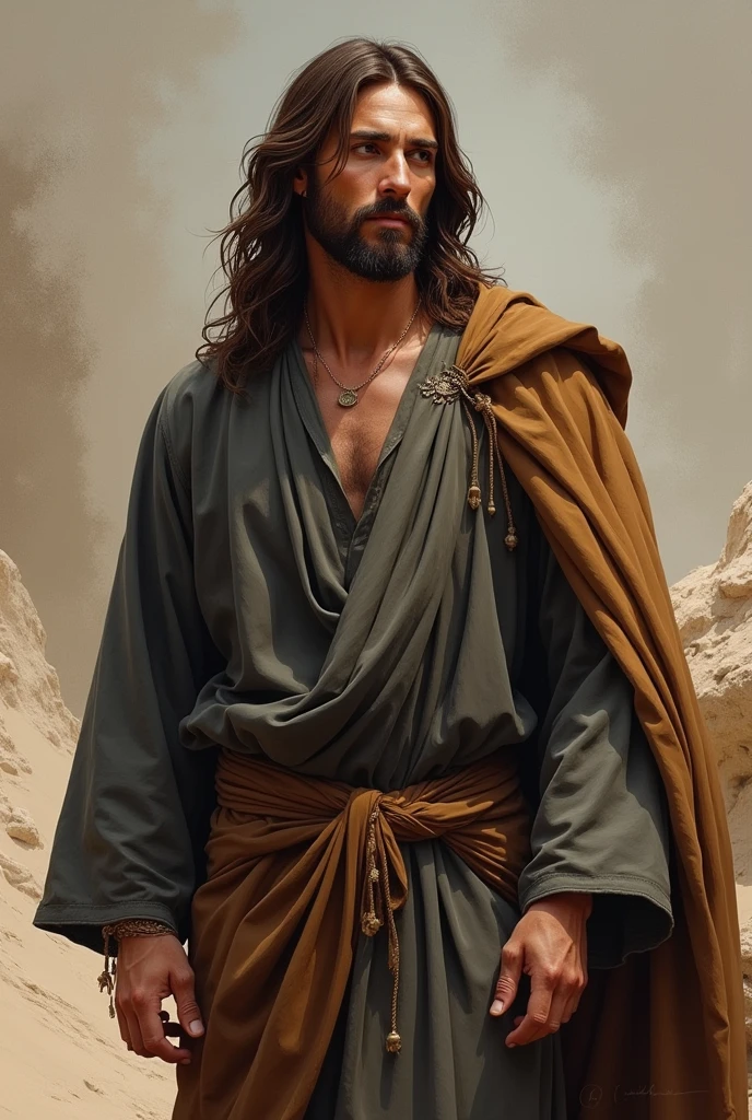 Create a realistic fashion illustration of Jesus Christ, with a rustic tunic in dark gray and a cloak in brown.