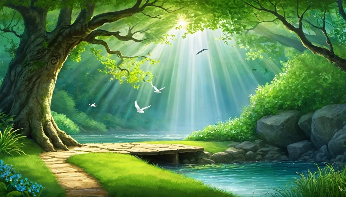 Create a background image for prayer inspired by Psalm 91, that highlights the protection and trust in God. The scene should convey security and serenity. Imagine a safe haven in a natural environment: a peaceful shelter in a forest or a protected cave, with soft light filtering through the trees.
Include elements that symbolize divine protection, like a welcoming shadow or a celestial light that envelops the space, Creating an environment of peace and security. The background should be in soft shades of green, blue and gold, with a serene atmosphere that reflects God's promise of protection and refuge.
Add subtle details such as birds flying peacefully or a calm stream, to evoke the feeling of protection and trust described in Psalm 91. The image should be tranquil and inspiring, ideal for moments of prayer and reflection on divine protection."
