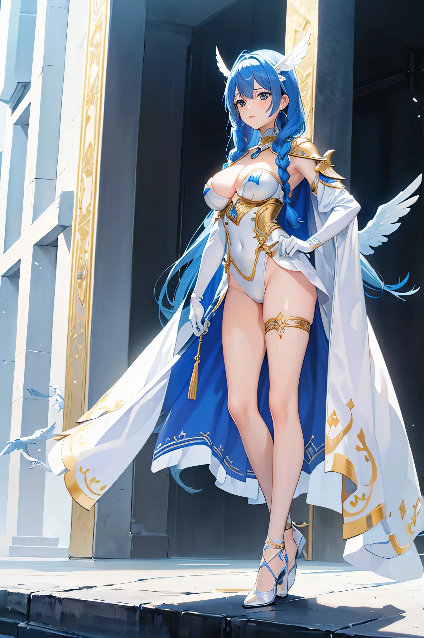 4K,High resolution,One Woman,Blue Hair,long hair,Braid,Big Breasts,Valkyrie,White sacred high leg leotard armor,White gloves,White shoes,Winged headgear,Jewelry decoration,Gold decoration,Holy Sword,Temple in the Sky