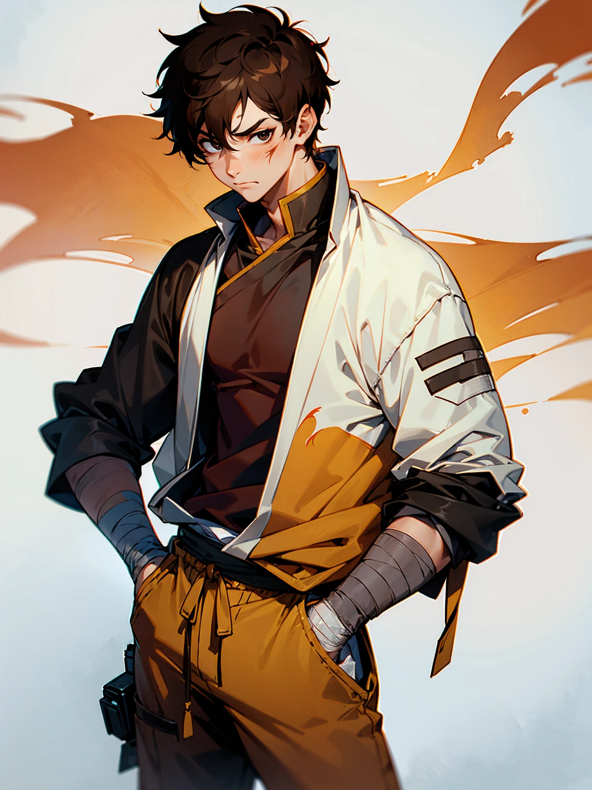 1male, zuko scar on face, black eyes, brown hair, straight hair, bandages on arm, white shirt, sweatpants, arm sleeve, hands in pocket