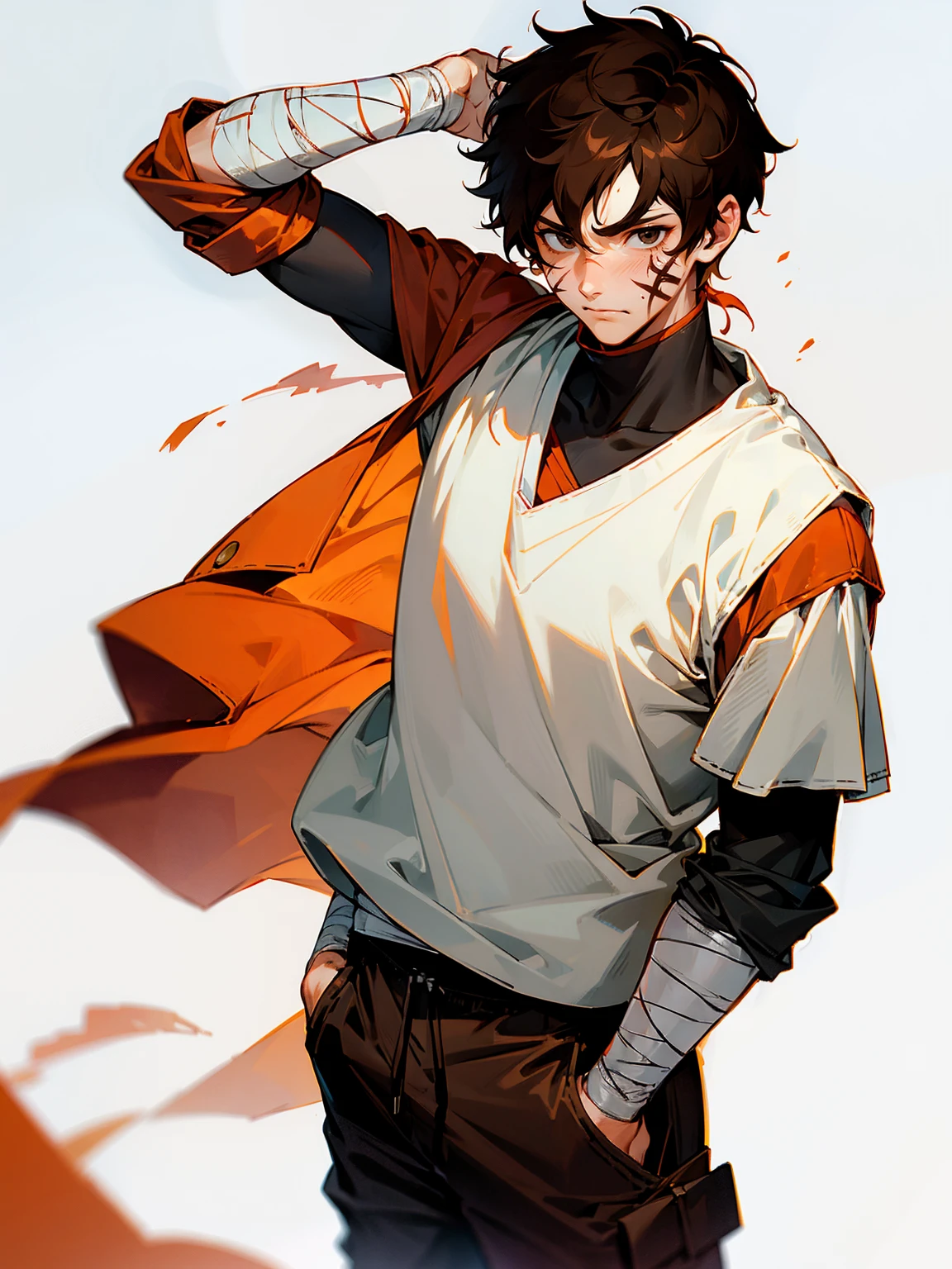 1male, zuko scar on face, black eyes, brown hair, straight hair, bandages on arm, white shirt, sweatpants, arm sleeve, hands in pocket