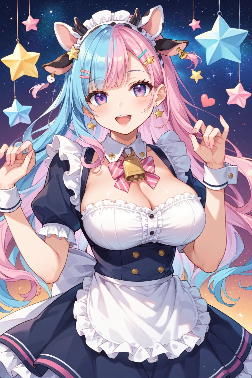 A masterpiece of a mature woman with big breasts, dressed in a pastel pink Japanese maid cafe outfit, with studio lights and beautiful shading, featuring kawaii elements like cow ears and pastel pink spots on ears, cute pastel colors, pastel blue rainbow hair with highlights, decorated with hairclips, ornaments, stars, hearts, and a cowbell. The image should have ultra detailed and best quality, with cinematic lighting and an adorable, decora style with many accessories.