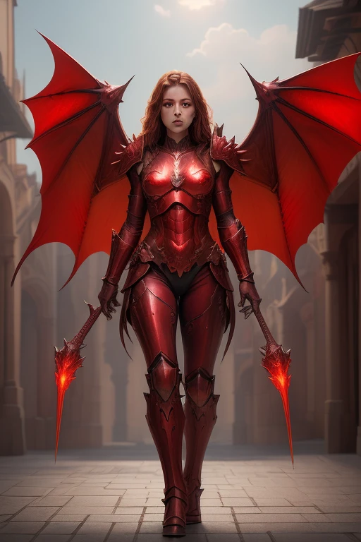 masterpiece, Raw photorealistic highly detailed, Best Quality, volumetric lighting, Volumetric Shadows 1 girl in fiery red with dragon scale armor, muscular body, (hull), Monster Form, claws, dragon wings, Reflective armor, Medieval city background with multicolored flowers