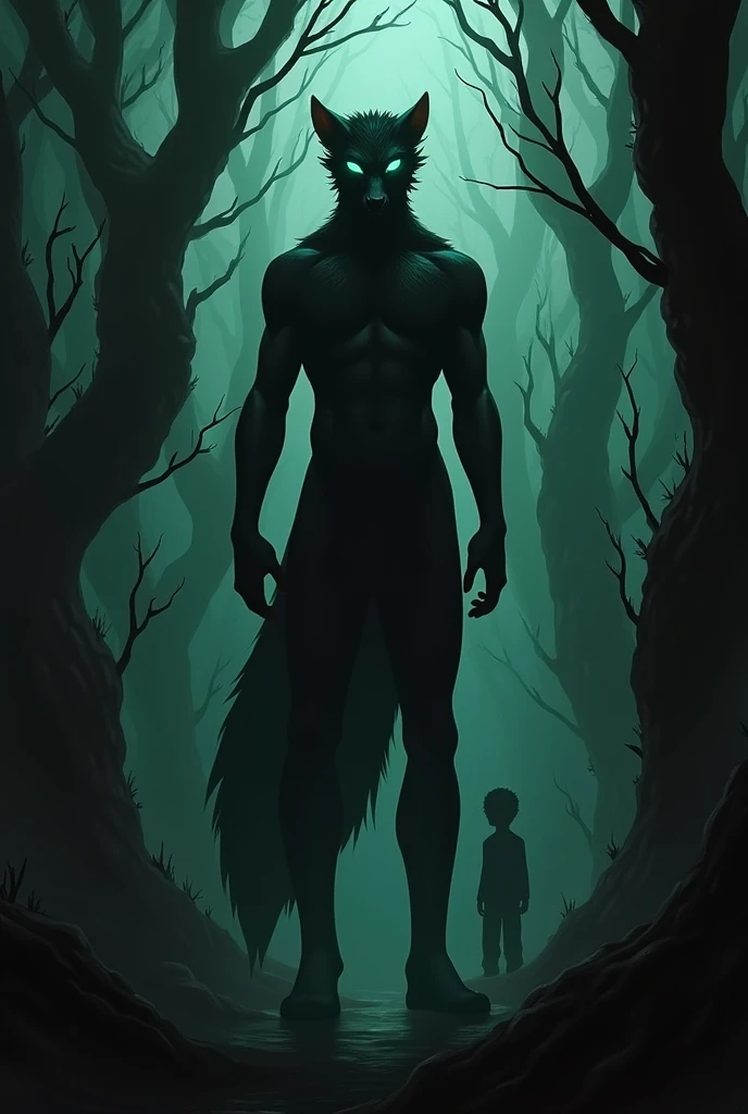 A tall young man, black fur,mint green eyes,and that he is in a dark, gloomy forest and behind him there is a shadow in the shape of a boy