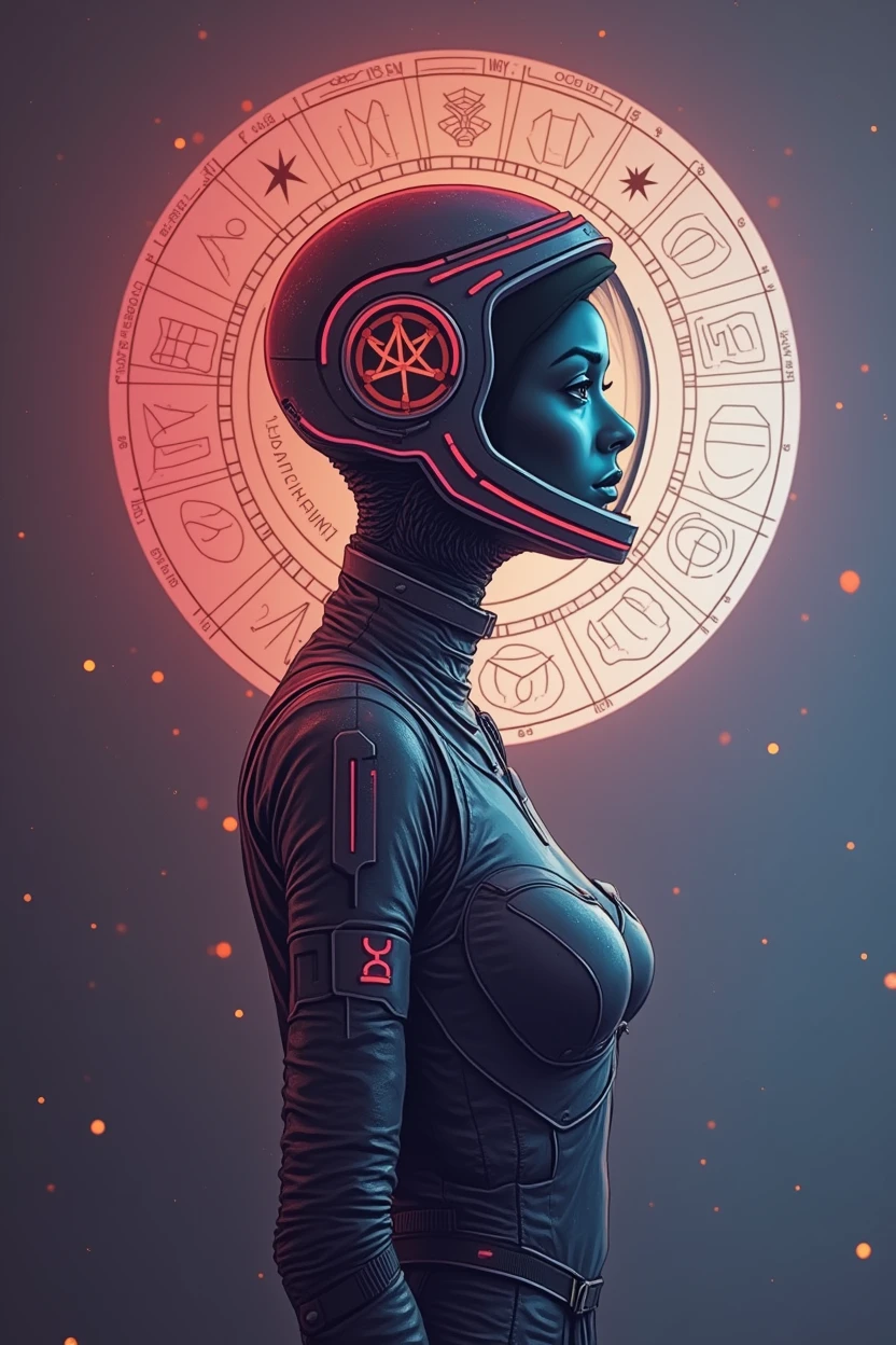 Norman Rockwell style,vintage poster, ALIEN ASTRONAUT WOMAN  in a vibrant spacesuit with "ð°" ears, and wielding a plasma "ð¥ð«", on a decorative "ð¥"-shaped motif,  ensconced by surreal esoteric symbols, geometric zodiac signs, atomic structures, complex planetary rings, starry swirls, BUZATRON style, four-color palette, GuillochÃ© half-toning, against a cosmic black background, Contextual anatomical perfection, detailing within framing, dynamic vintage sci-fi pulp comic vibe, vector illustration, radial symmetrical perfection,ï¼