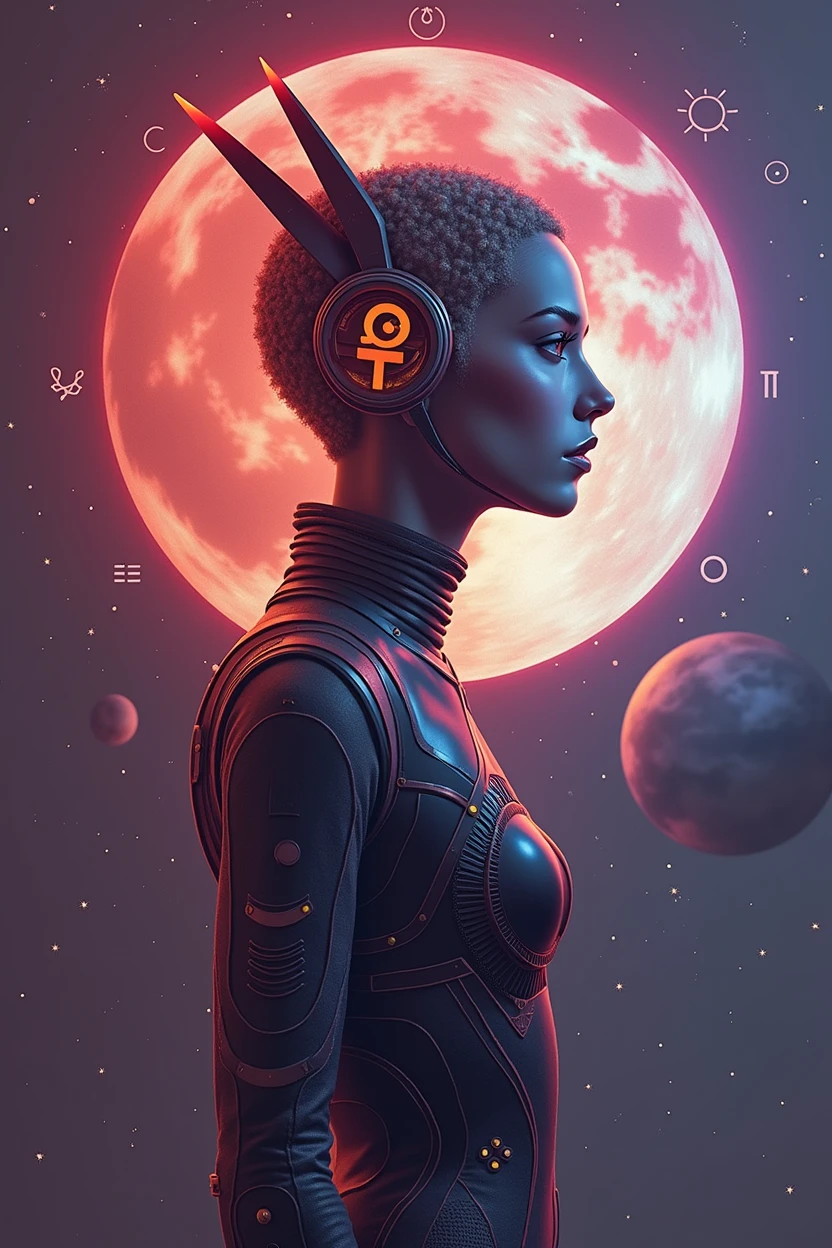 Norman Rockwell style,vintage poster, ALIEN ASTRONAUT WOMAN in a vibrant spacesuit with "ð°" ears, and wielding a plasma "ð¥ð«", on a decorative "ð¥"-shaped motif, ensconced by surreal esoteric symbols, geometric zodiac signs, atomic structures, complex planetary rings, starry swirls, BUZATRON style, four-color palette, Guilloché half-toning, against a cosmic black background, Contextual anatomical perfection, detailing within framing, dynamic vintage sci-fi pulp comic vibe, vector illustration, radial symmetrical perfection,ï¼