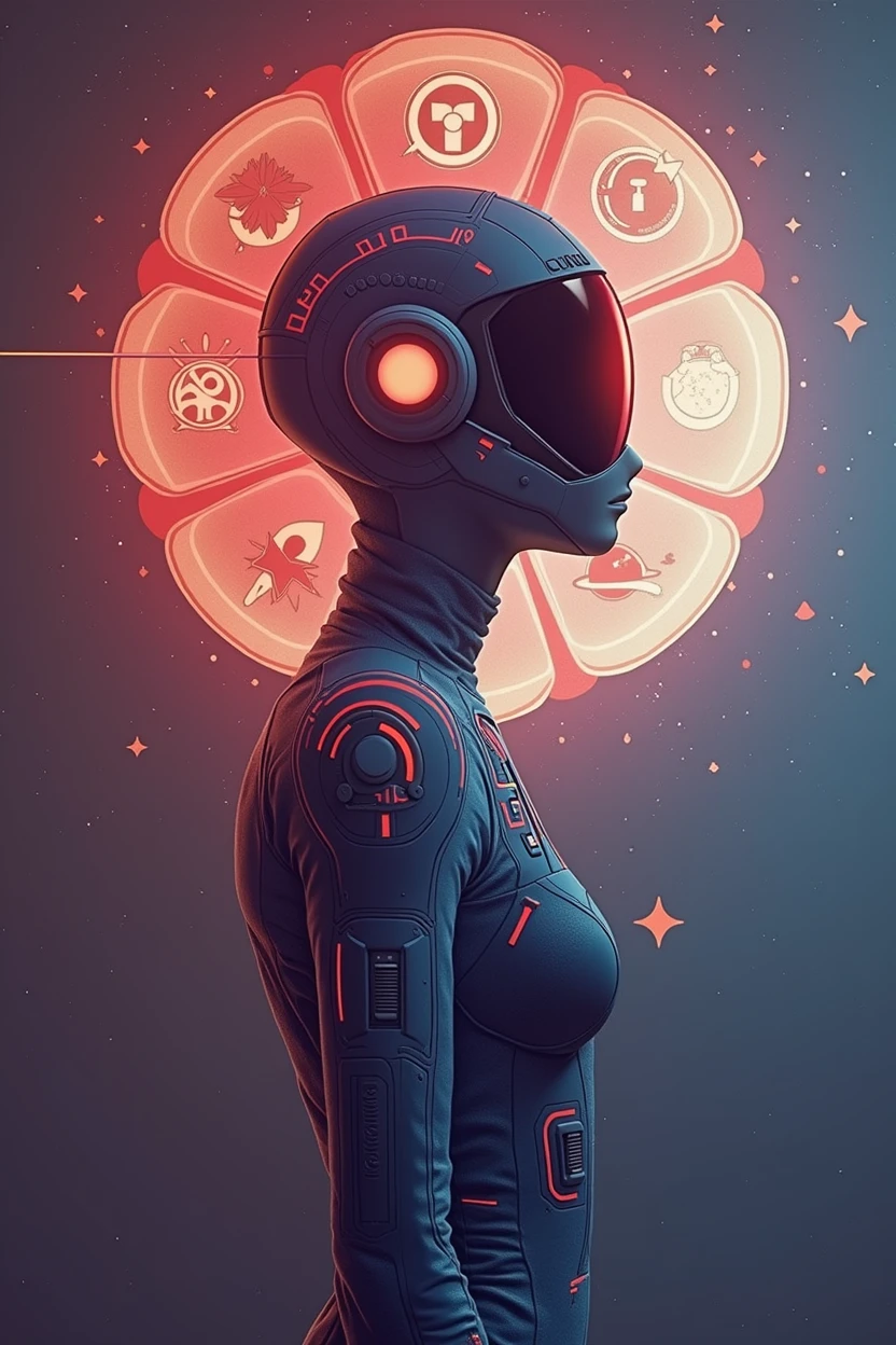 Norman Rockwell style,vintage poster, ALIEN ASTRONAUT WOMAN  in a vibrant spacesuit with "ð°" ears, and wielding a plasma "ð¥ð«", on a decorative "ð¥"-shaped motif,  ensconced by surreal esoteric symbols, geometric zodiac signs, atomic structures, complex planetary rings, starry swirls, BUZATRON style, four-color palette, GuillochÃ© half-toning, against a cosmic black background, Contextual anatomical perfection, detailing within framing, dynamic vintage sci-fi pulp comic vibe, vector illustration, radial symmetrical perfection,ï¼
