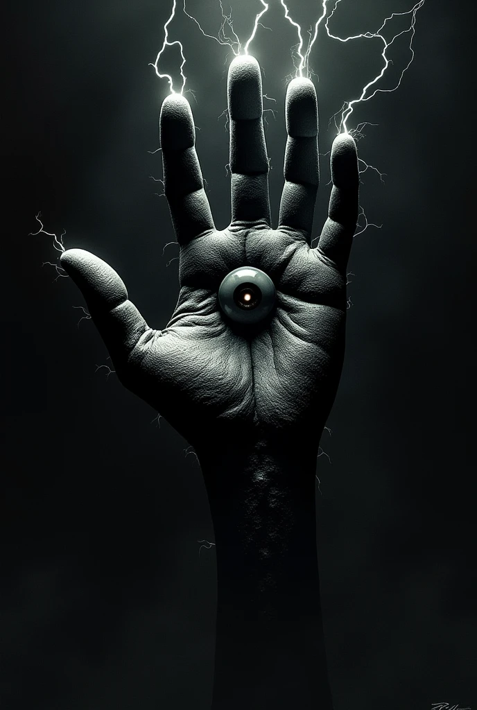Lovecraftian-style monster that takes the form of a giant black hand, of four fingers, terrifying and without a wrist (only the hand), floating through space, with a large eye in the middle, traversed by electricity