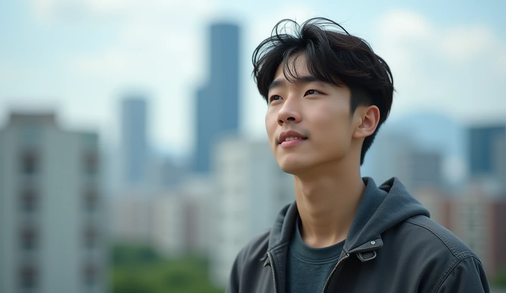 A Japanese male college student wearing stylish clothes looks into the distance with a bright expression.,Excited, Photo of your face, With the city in the background, with a natural look, With a slightly tired look, tilt your face a little, Diagonal orientation, Average face