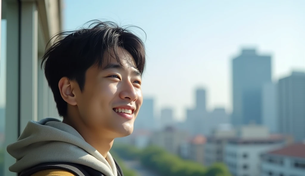 A Japanese male college student wearing stylish clothes looks into the distance with a bright expression.,Excited, Photo of your face, With the city in the background, with a natural look, With a slightly tired look, tilt your face a little, Diagonal orientation, Average face