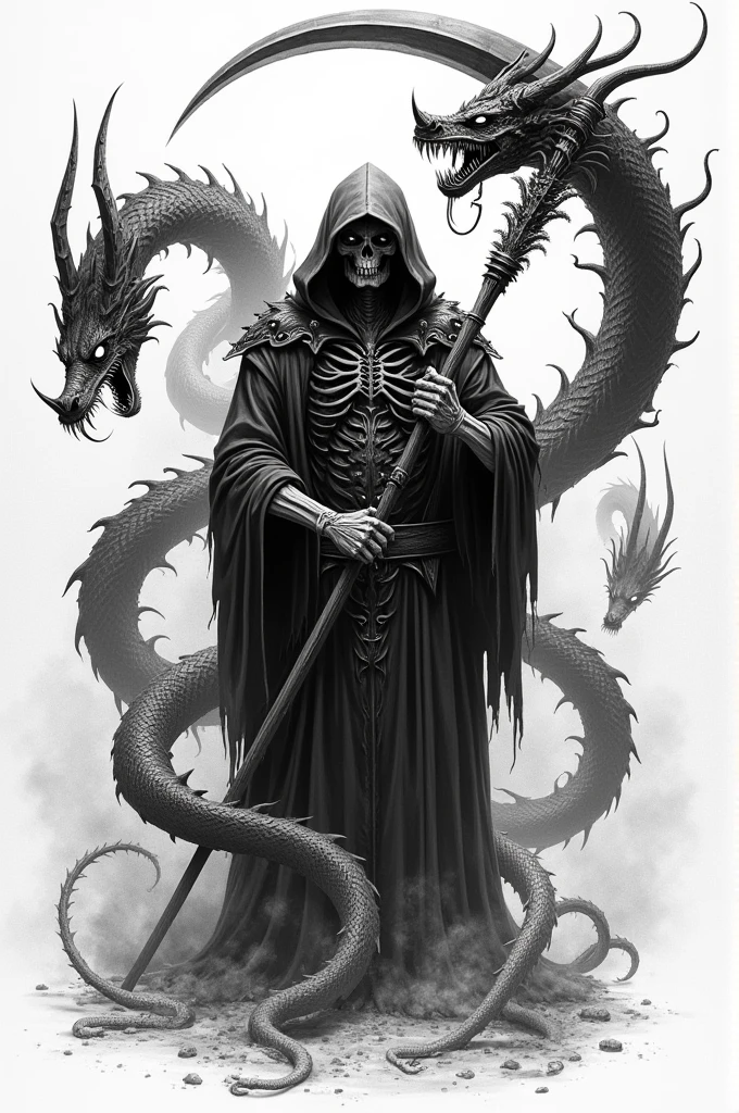 Black and white drawing of an extremely frightening reaper with a scythe. The reaper should have an imposing gaze and an air of superiority. Ao redor dele, include fearsome creatures in the style of Chinese dragons, with sinister details and a menacing presence."
