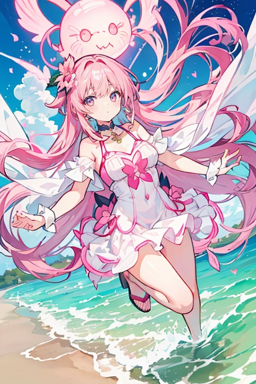 (flying debris), (Highest quality), Very detailed, ((1 person)), Focus Only，Low Angle，dynamic，Jump，((smile))，Perfect Face, Beautiful Face, Very detailedな顔，(Pink long hair_Pink Eyes:1.3)，Swimwear，Idle only，Gorgeous hair ornament,sing，Laugh with your mouth wide open，Laser light，Large Breasts，Looking down，Seaside