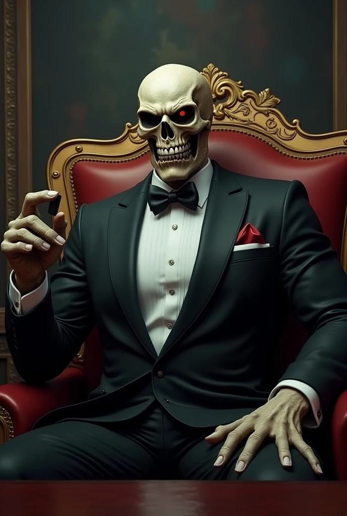 businessman, man, muscular, broad shouldered, narrow waist, wearing a tuxedo with a skull face making an evil smile, sitting at his desk with a cigar in hand