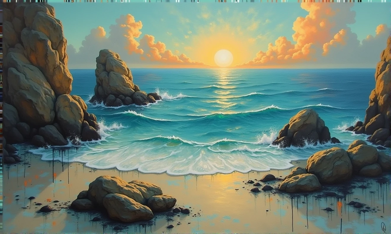 a sunset over the ocean with rocks and a beach, abstract painting, inkpunk, broad brush stroke, smeared patterns, vibrant colors, random dripping paint, splashes, graphic portrait, best quality, 8k, highres, masterpiece, ultra-detailed, realistic, photo-realistic, HDR, UHD, studio lighting, ultra-fine painting, sharp focus, physically-based rendering, extreme detail description, professional, vivid colors, bokeh