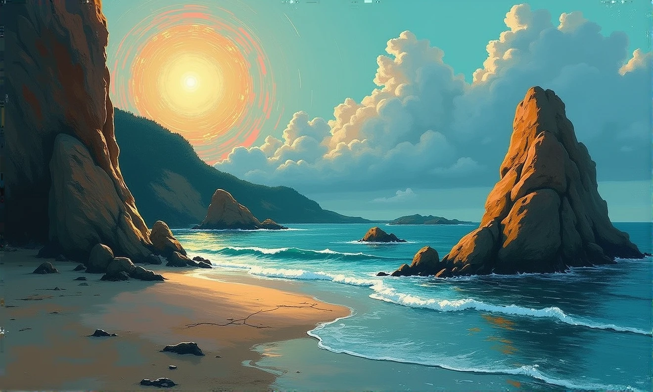 a sunset over the ocean with rocks and a beach, abstract painting, inkpunk, broad brush stroke, smeared patterns, vibrant colors, random dripping paint, splashes, graphic portrait, best quality, 8k, highres, masterpiece, ultra-detailed, realistic, photo-realistic, HDR, UHD, studio lighting, ultra-fine painting, sharp focus, physically-based rendering, extreme detail description, professional, vivid colors, bokeh