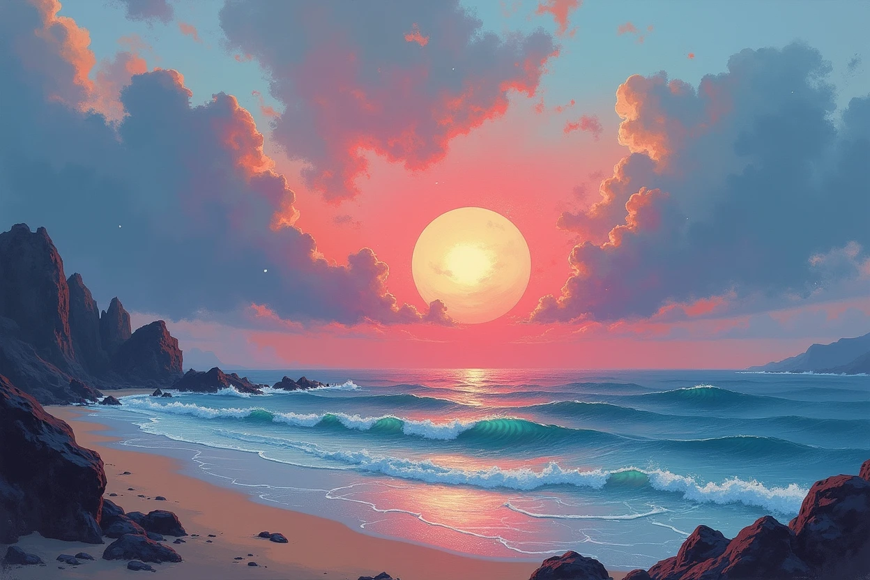a sunset over the ocean with rocks and a beach, abstract painting, inkpunk, broad brush stroke, smeared patterns, vibrant colors, random dripping paint, splashes, graphic portrait, best quality, 8k, highres, masterpiece, ultra-detailed, realistic, photo-realistic, HDR, UHD, studio lighting, ultra-fine painting, sharp focus, physically-based rendering, extreme detail description, professional, vivid colors, bokeh