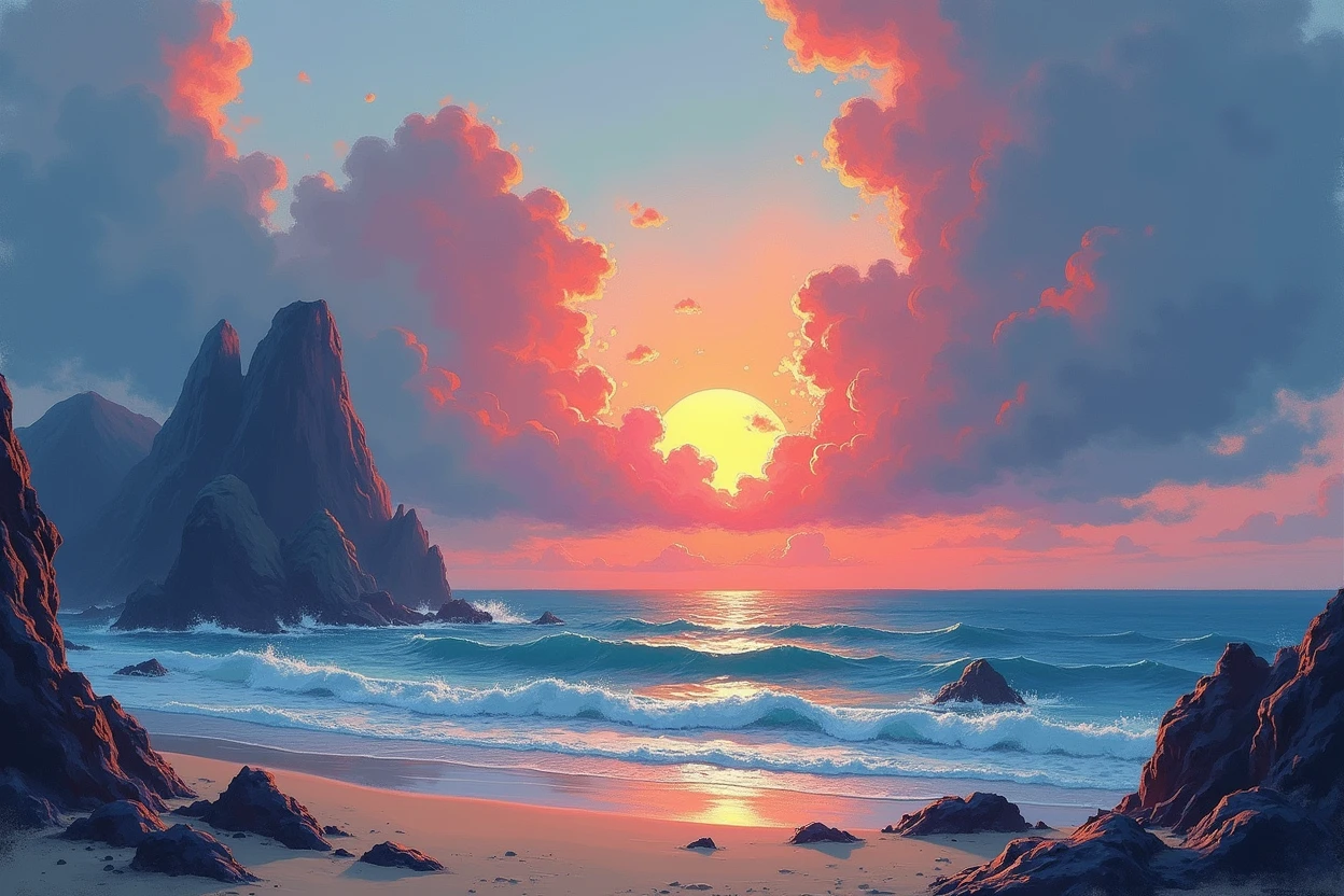 a sunset over the ocean with rocks and a beach, abstract painting, inkpunk, broad brush stroke, smeared patterns, vibrant colors, random dripping paint, splashes, graphic portrait, best quality, 8k, highres, masterpiece, ultra-detailed, realistic, photo-realistic, HDR, UHD, studio lighting, ultra-fine painting, sharp focus, physically-based rendering, extreme detail description, professional, vivid colors, bokeh