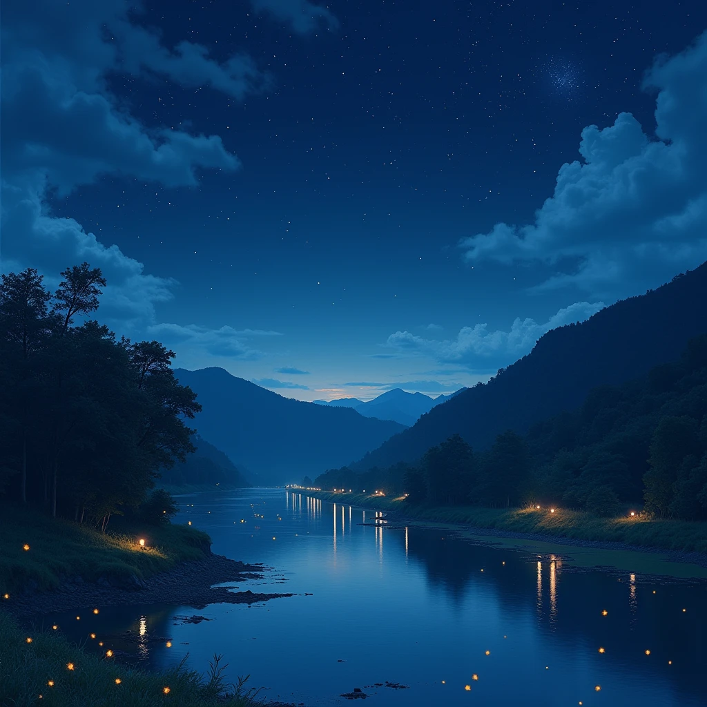 The scenery of a night in the countryside of old Japan　Stars in the sky　
Fireflies are flying over the river surface.　
