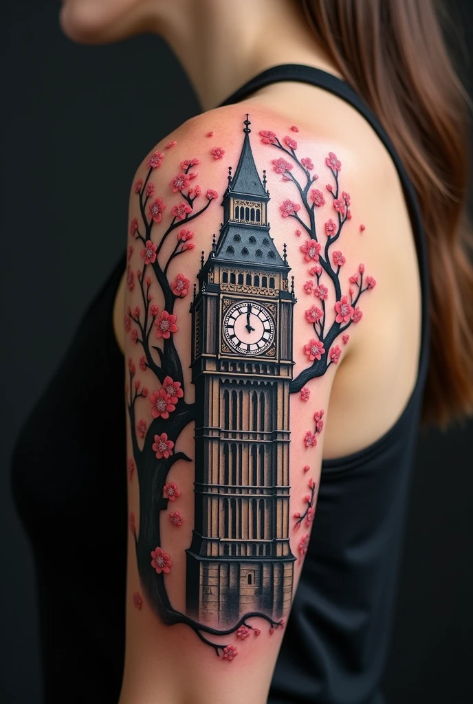 Big Ben clock hands tattoo on the shoulder, entwined with the high branches of a cherry tree.