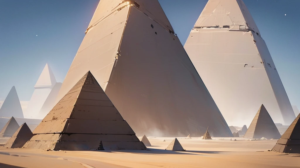 Create two futuristic pyramids in graphite color amidst a desert setting. They should be part of the planet Venus. The sky must be starry and the night.