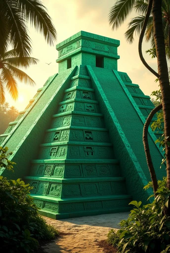 Realistic photo of a Mayan pyramid made of emerald and jade bricks illuminated by the sun in the tropical jungle