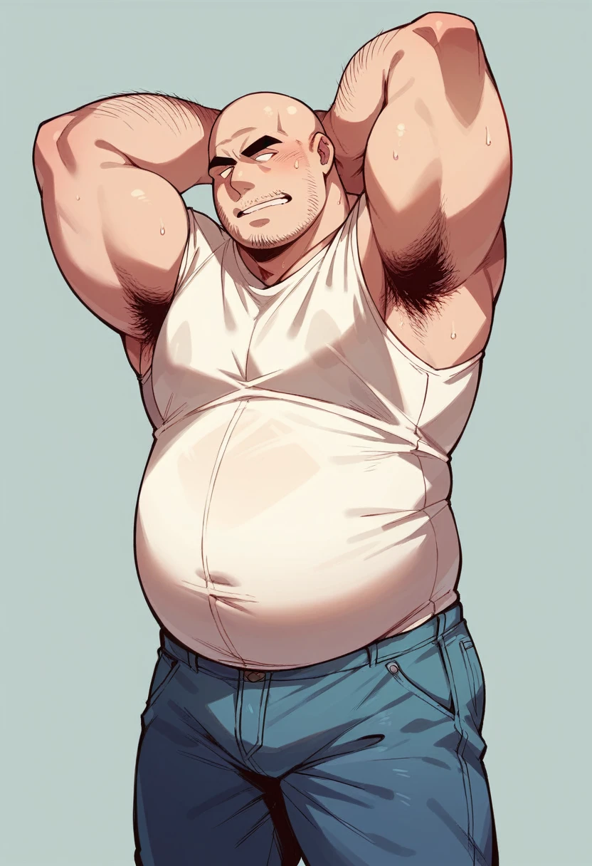 Bald, slightly overweight man without a shirt, with loose pants showing hair, volume in the middle of the pants, arms up, hairy armpit and hairy body, fully body, 8k, super detail