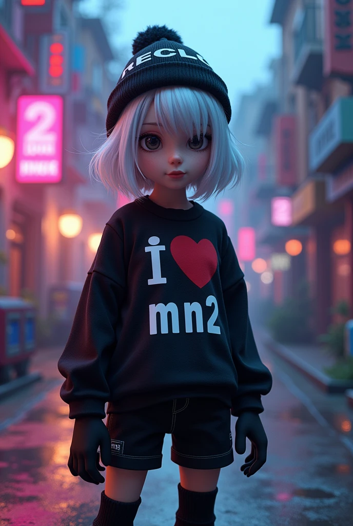 Roblox Movie, A character with white hair, a beanie that covers the entire back of the hair, a shirt that says "i ❤️ mm2", black short shorts and long black socks