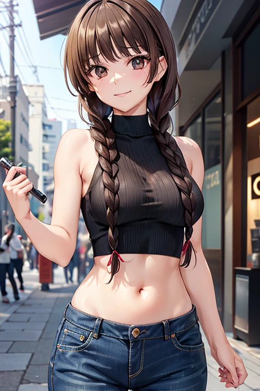 Yuno Shimazu、Shiny brown hair,Long Hair,  、((Two braids of equal length:1.5、Hair that falls over the shoulders)),Beautiful brown eyes、Sparkling eyes, Fine grain、smile、Super detailedな目、Highly detailed face, Highly detailed eyes,Cowboy Shot、


((masterpiece, Highest quality, High resolution, 超High resolution, Pixel perfect, Depth of written boundary, 4K, RTTX 10.0, High resolution))),
1 person, Absurd,、Sleeveless black turtleneck ribbed crop knit,Denim pants、 Belly button、Sharp focus, Depth of written boundary, Perfect body, Perfect Anatomy, Sharpness, Absurd, employment, Super detailed, Sharp focus,  Depth of written boundary, Perfect body, Perfect Anatomy, Shibuya Street, Dancing, Motion Blur, Looking at the audience,