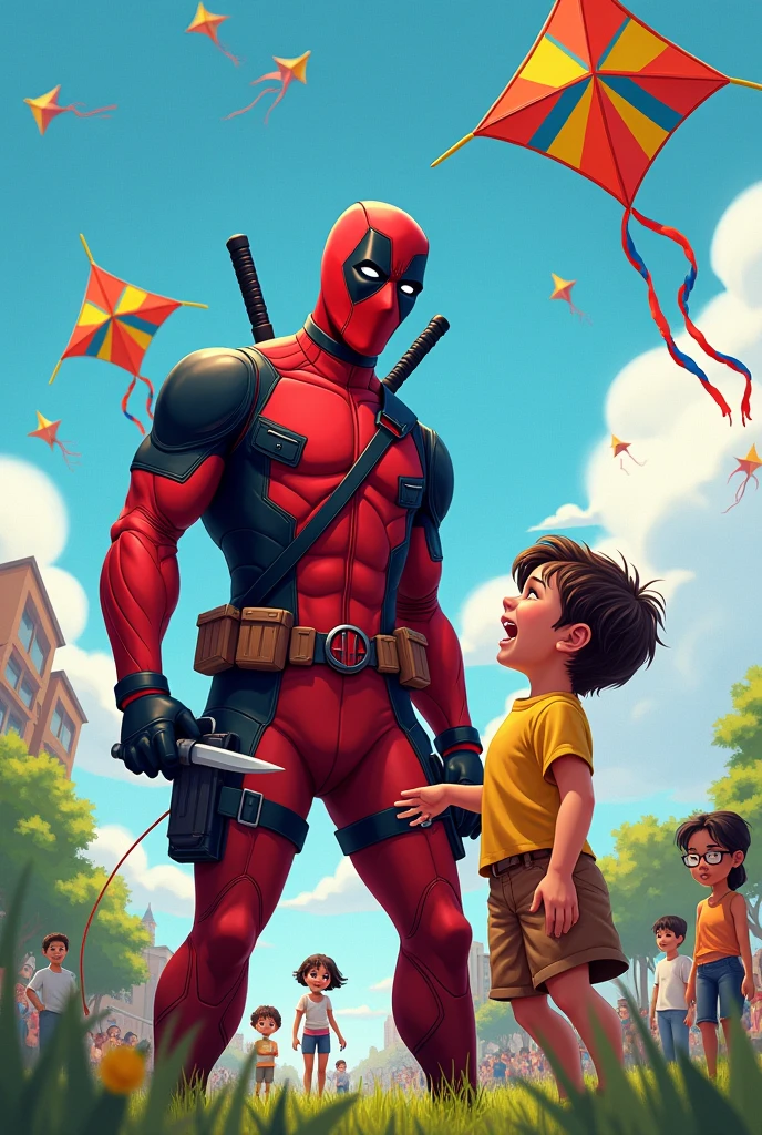 Deadpool releasing a Brazilian kite and making a child cry after cutting his kite , cutting a child 
