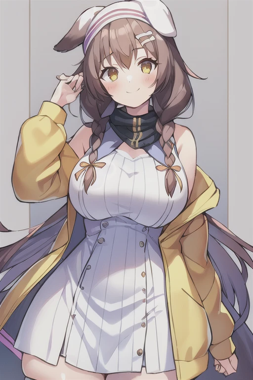 1girl, Korone, smile, dog ears, twin braids, sidelocks, hair ornament, ((white dress)), jacket, yellow jacket, jacket, open clothes, open jacket, dress, short dress, sleeveless dress, huge breasts, wide hips, thick thighs, tall, tall female, mature female, bandana, scarf, hourglass figure, standing,