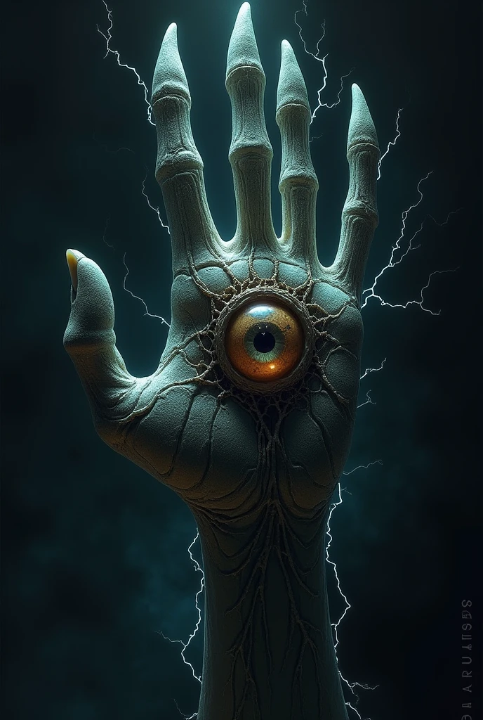 Lovecraftian-style monster that has the shape of a four-fingered hand, not human, without doll, black giant, four-fingered and terrifying, floating through space, with a large eye in the middle, traversed by electricity. The eye of being integrated into the hand.