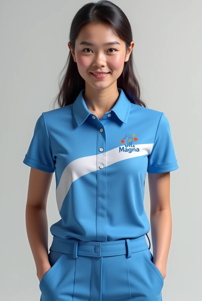 Design a complete uniform for a drugstore called Villa Magna with blue and white colors and a logo that says Villa Magna. The shirt should be a casual polo for women.