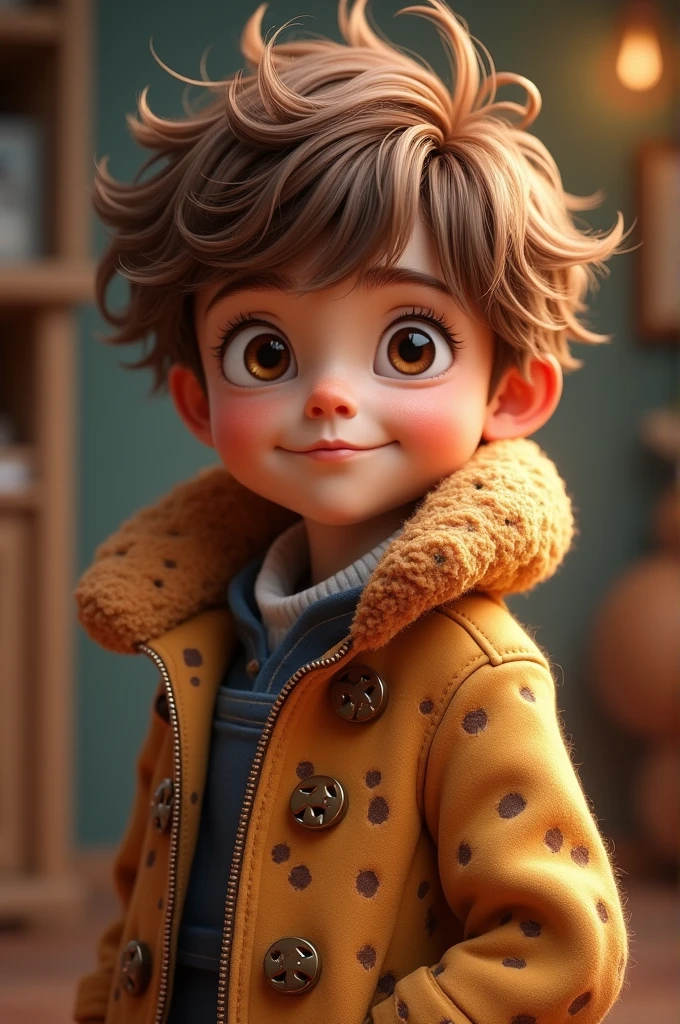 Brown-haired boy with a coat like a cookie