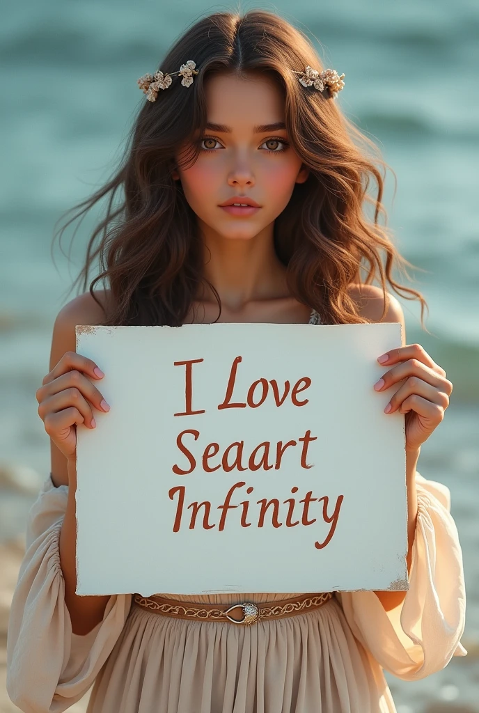 Beautiful girl with wavy long hair, bohemian dress, holding a white board with text "I Love Seaart Infinity" and showing it to the viewer