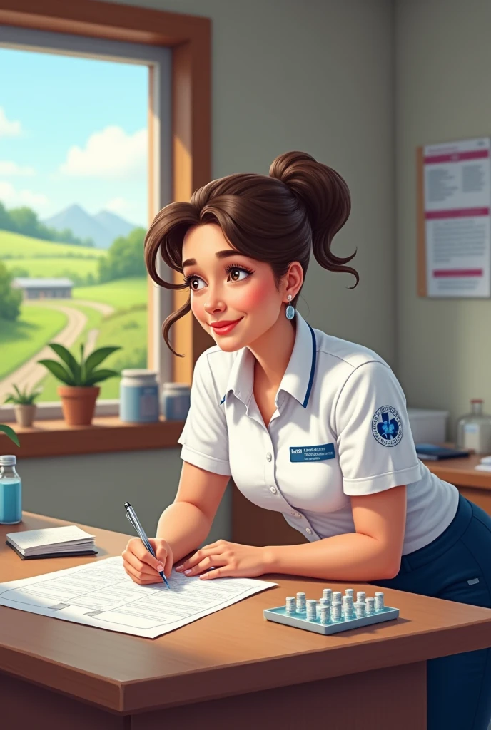 Community nurse in a rural area wearing a white uniform and navy blue pants filling out vaccination forms