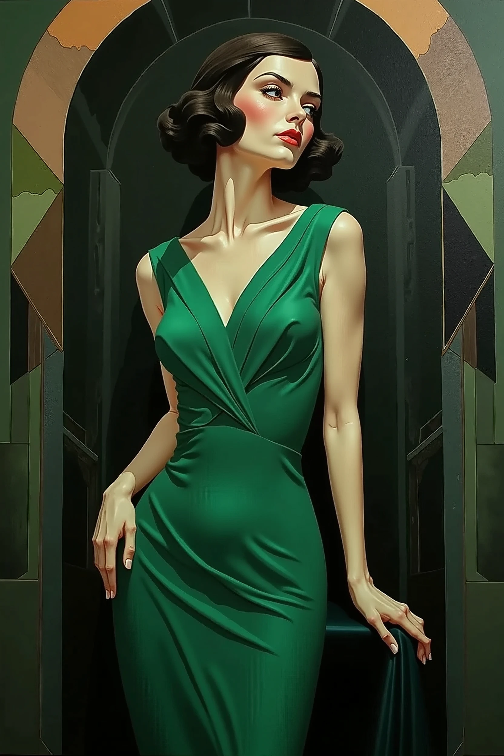 1920's angular woman in green dress cubist dark cinematic portrait geometric art deco painting, minimalist